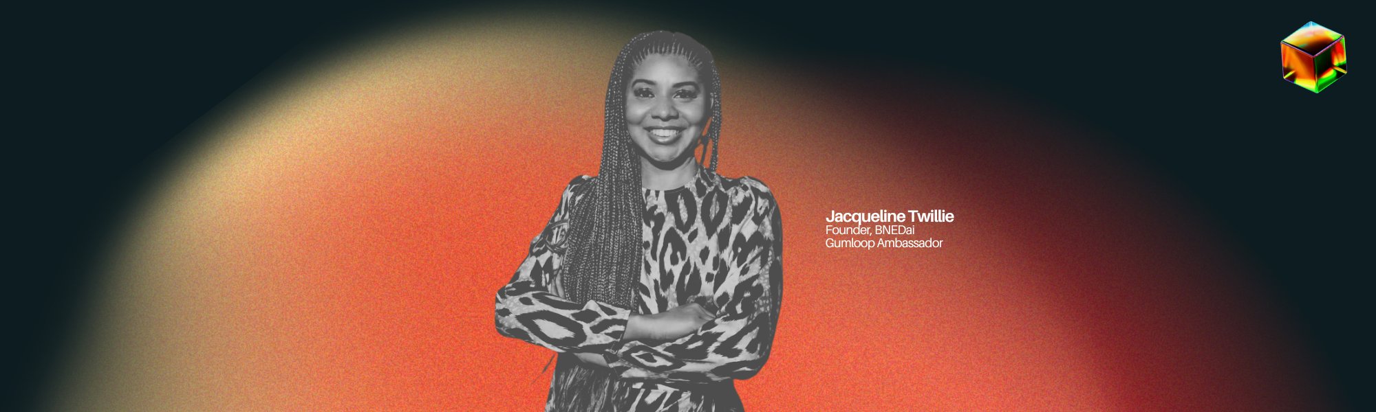 Speaker card for Jacqueline Twillie, Founder of BNEDai and Gumloop Ambassador, in black and white against an orange gradient