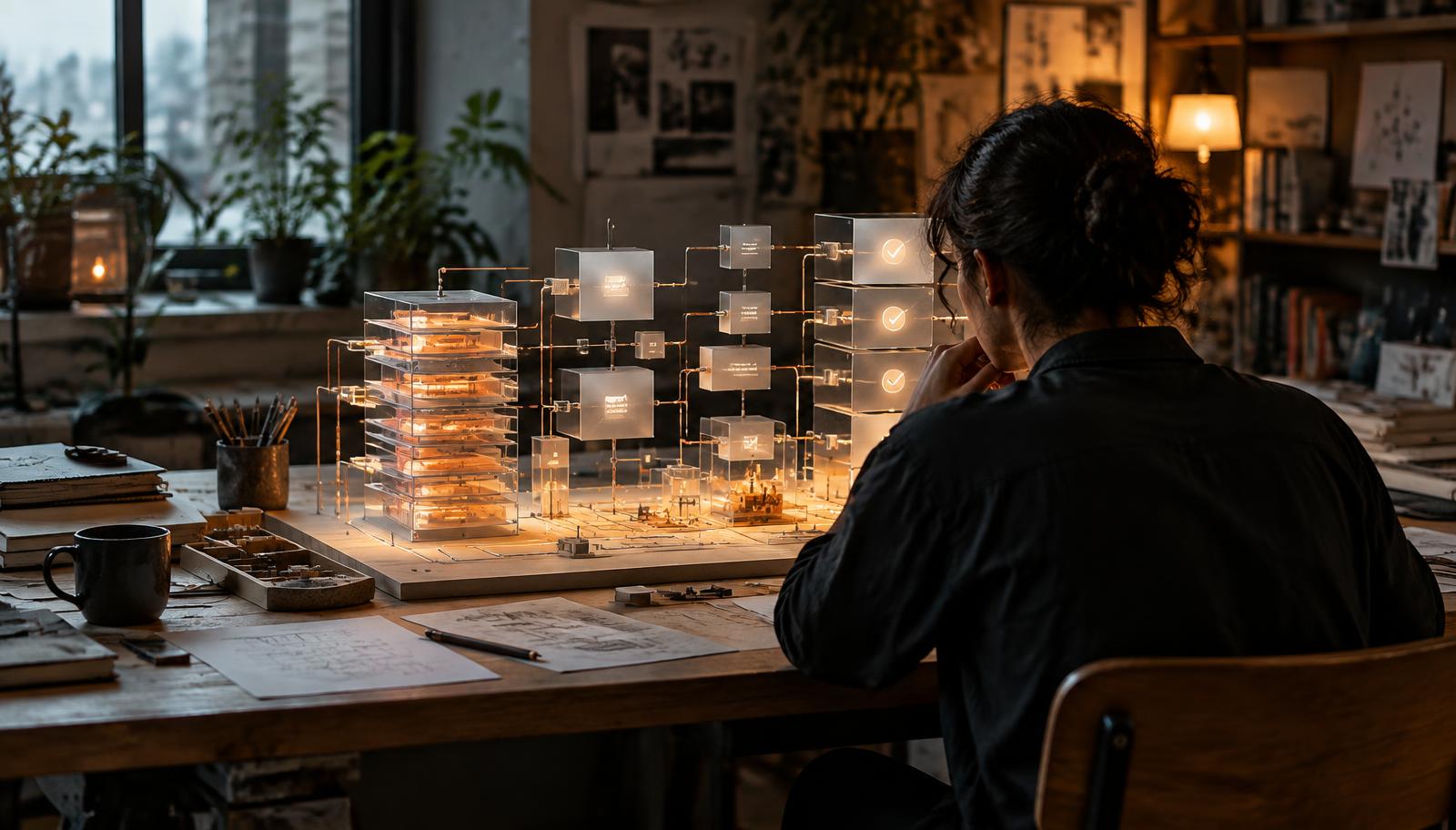 A builder studies a layered model of an AI system with memory, verification and approval pathways.